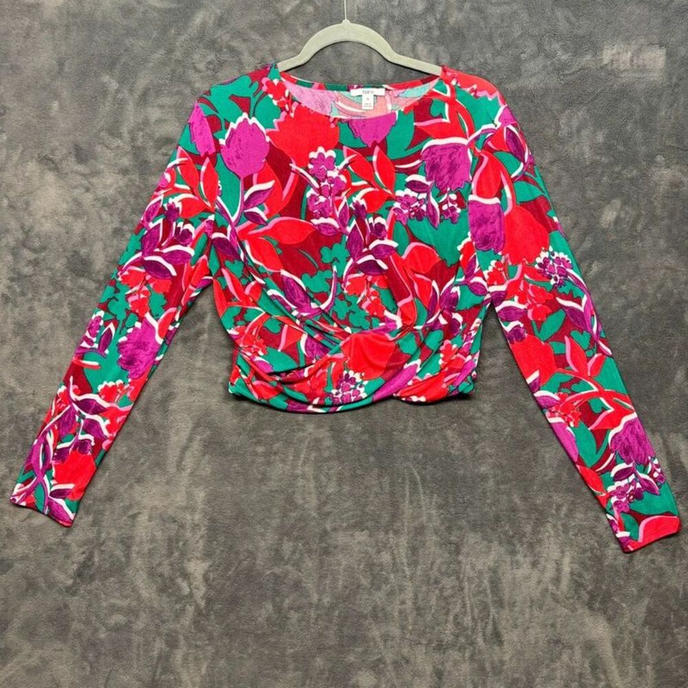 Bar III Women’s XL Long Sleeve Crop Top Vibrant Floral Cross Twist Front Hem